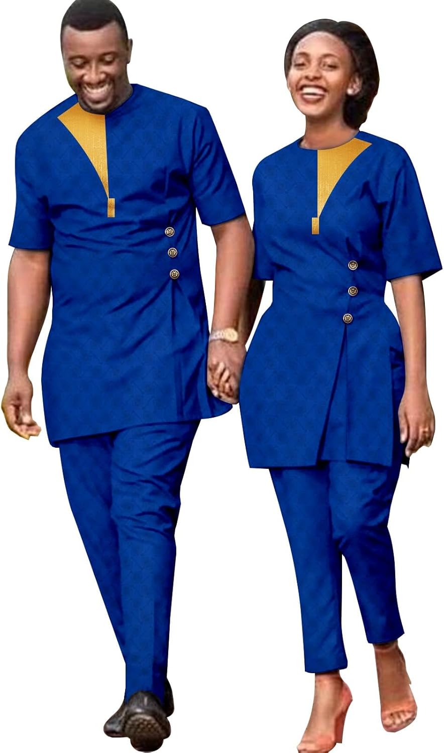 African Suits for Couple Women and Men Short Sleeve Embroidery Shirt Pants 2 Piece Set Matching Outfits