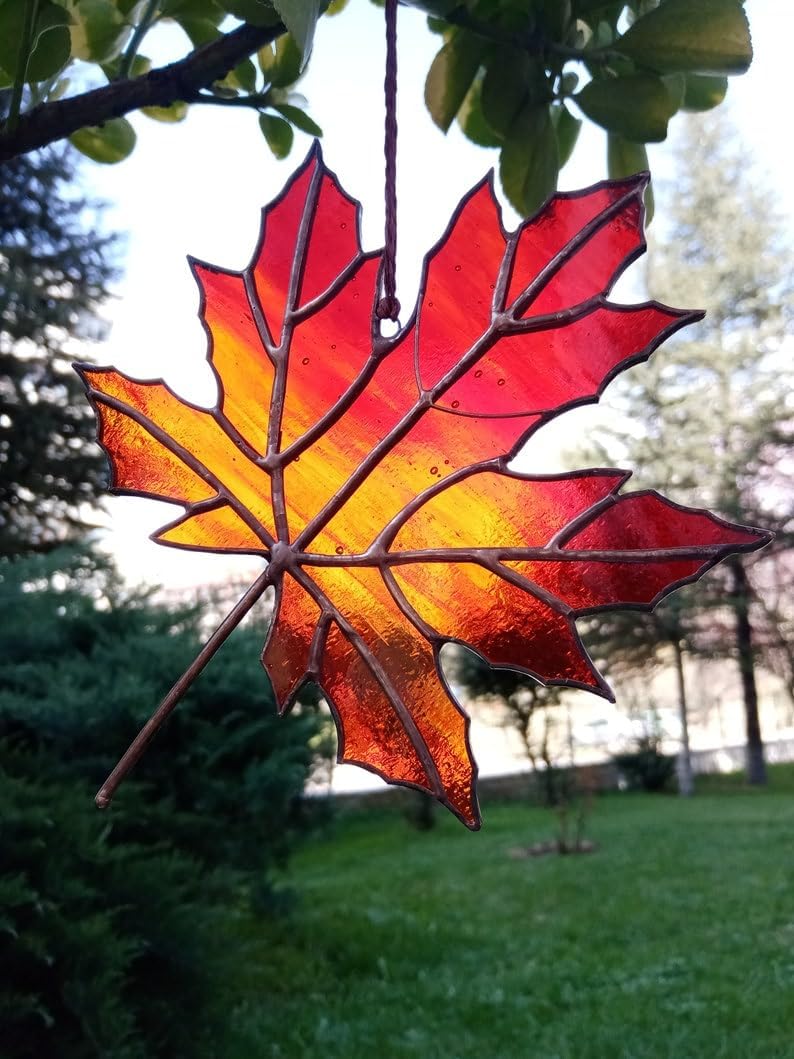 KEONAN Stained Glass Sycamore Leaf Suncatcher, Stained