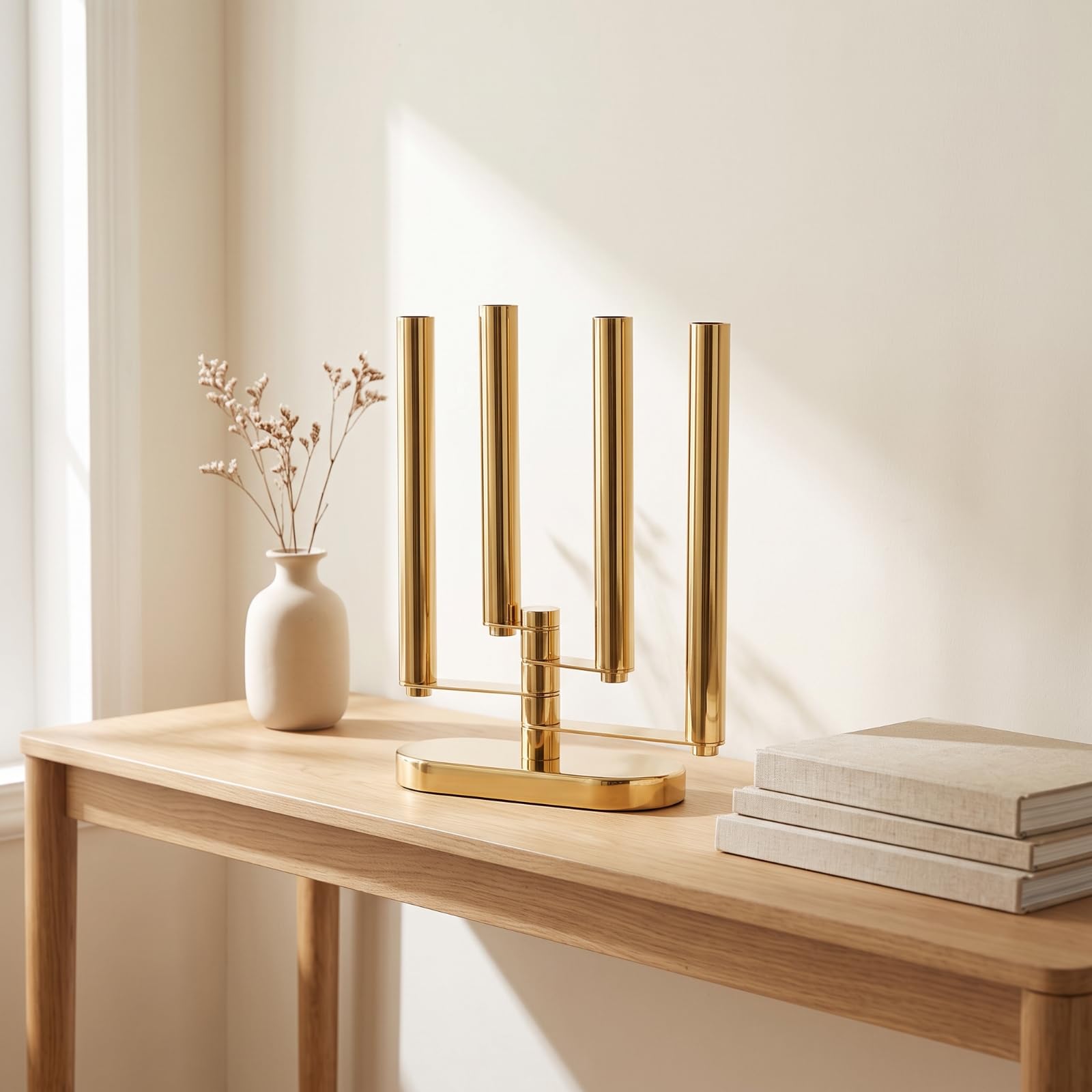 Portacandele a 4 Rami Lucido Candelabro da Tavolo Compatto Candelabro Moderno in Metallo per Ingresso, Argento