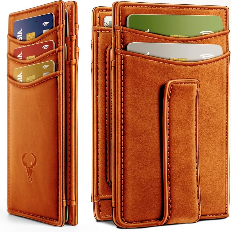 Image of Contacts RFID Blocking Magnetic Closure Slim Genuine Leather Front Pocket Wallet for Men Holds up to 12 Cards Including 1 ID Window Along with Money Clip (Tan)