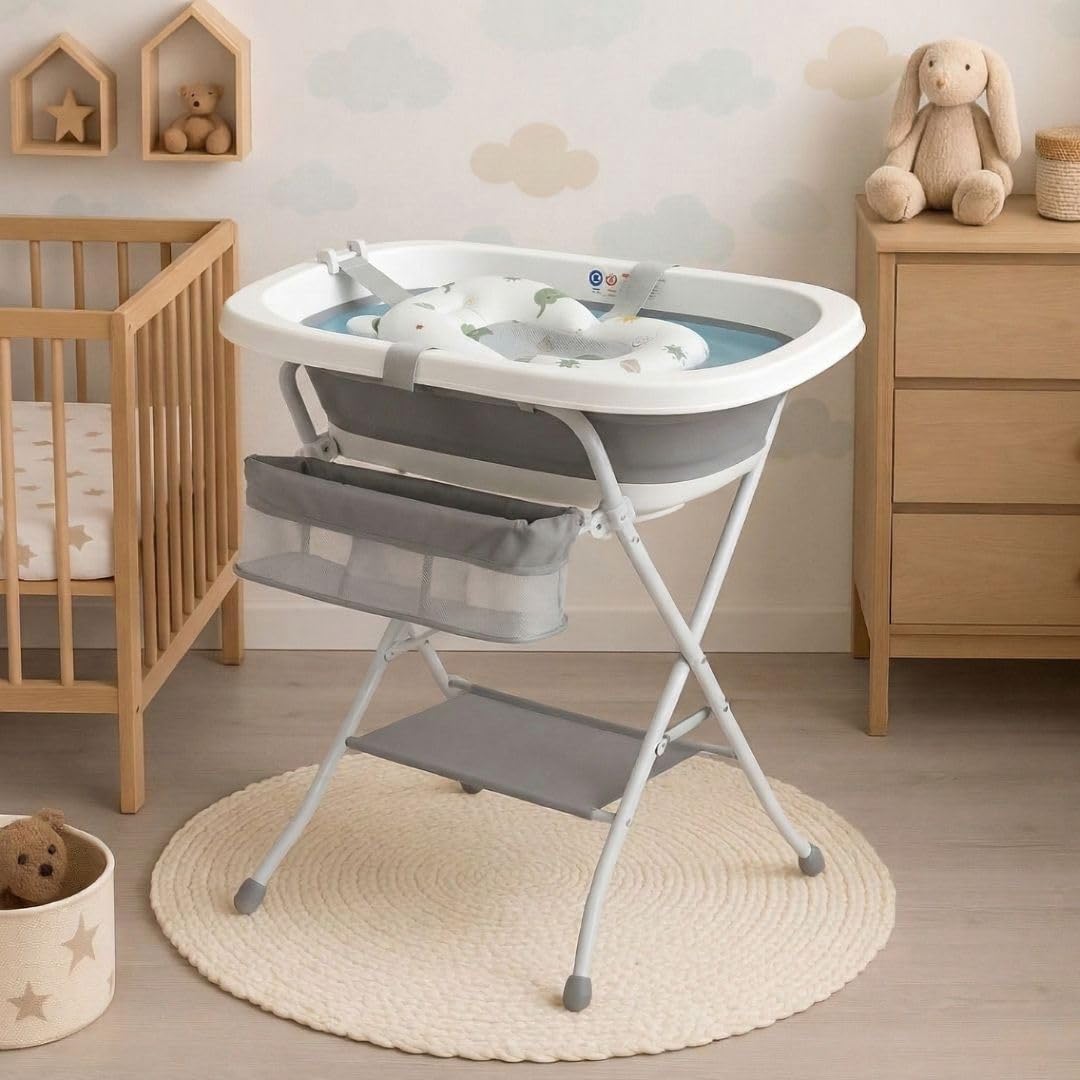Bañera Plegable de Bebé con Soporte Patas Antideslizantes | Portátil | Tubo Desagüe | Cesta para Juguetes y Organizador para Champú | Ligera, Compacta y Segura para Baño (Gris Cojín Regadera)