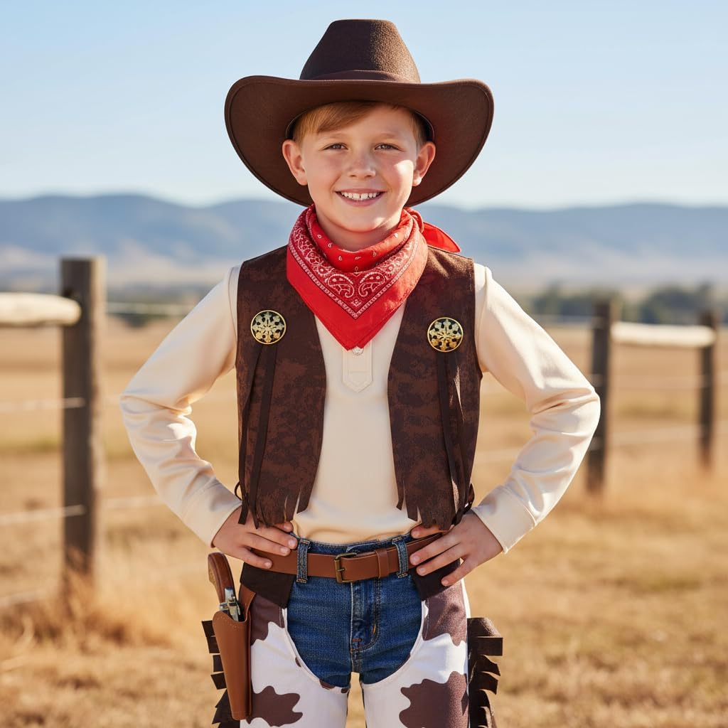TOGROP Cowboy Costume for Boys 5pcs Kids Cowgirl Western Dress Up Party Cosplay 3-13 Years - Image 7
