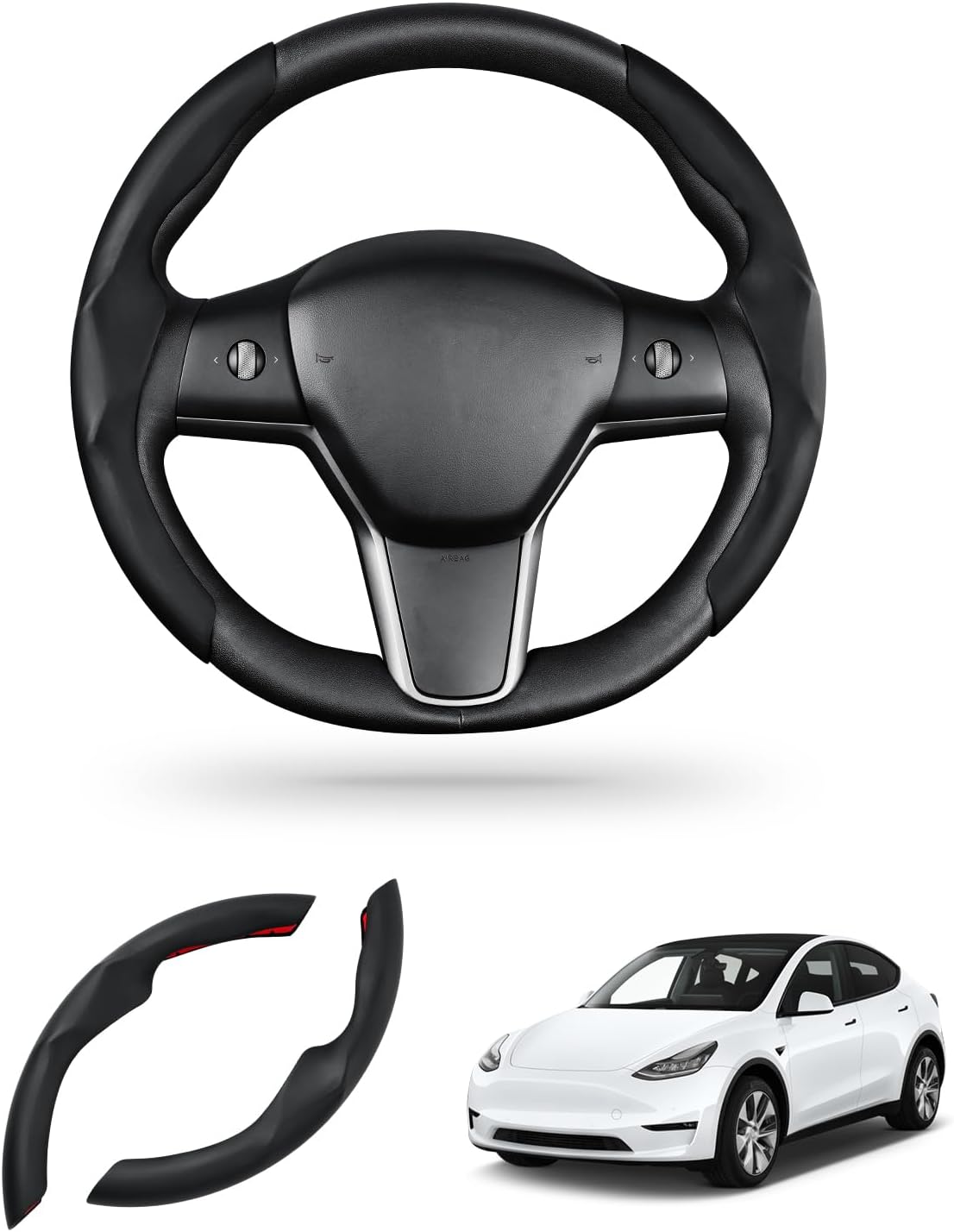 Steering Wheel Cover for 2016-2026 Telsa Model 3/Y Highland/Juniper Accessories Steering Wheel Cover Protector Anti-Slip, Comfortable Grip, Breathable, Model 3/Y Accessories, Black Leather