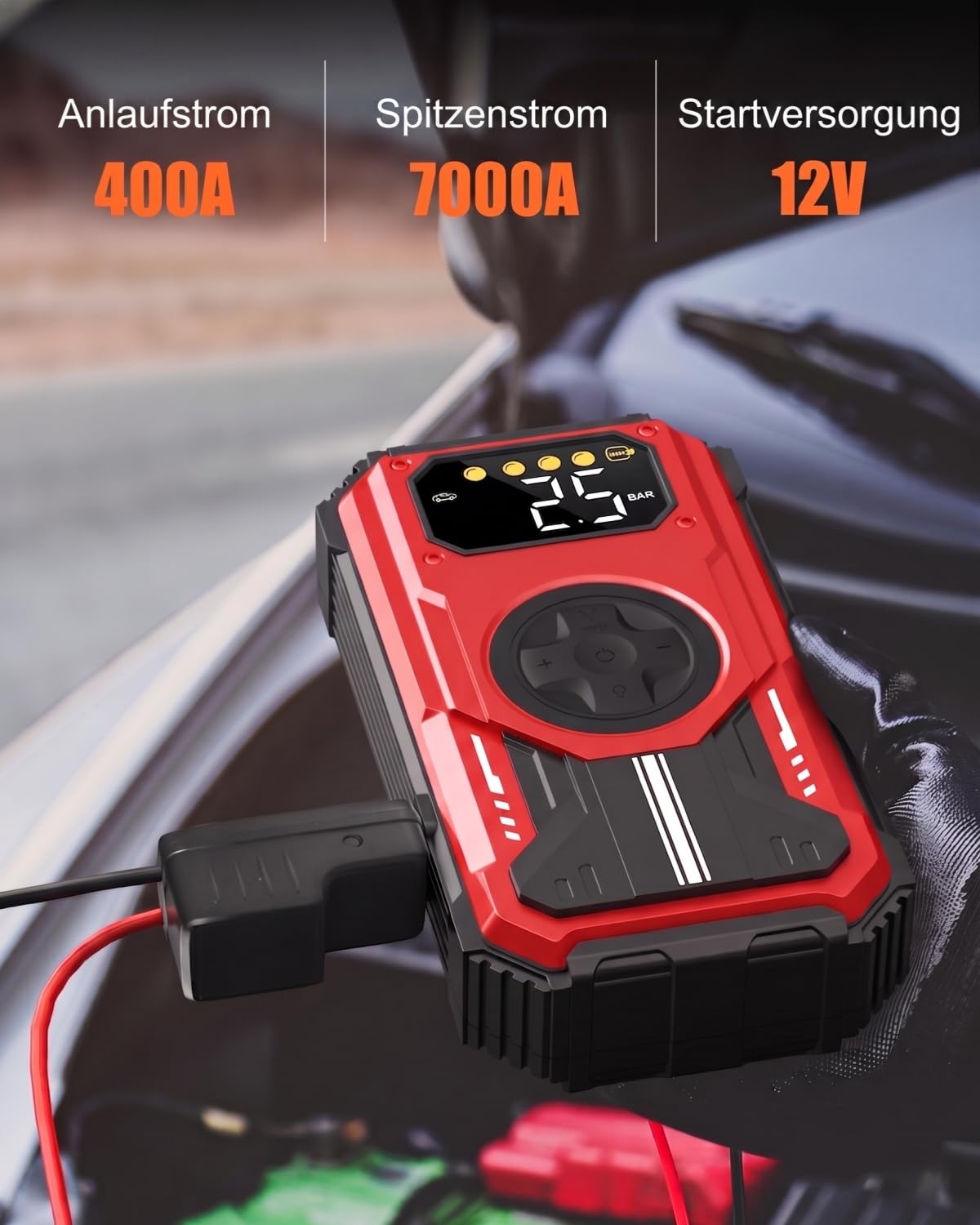 7-in-1 Starthilfe Powerbank für PKW, 7000A Booster Auto Starthilfe (Bis zu 10L Benzin, 8L Diesel), 12V Jump Starter mit 150 PSI Kompressor, LED Taschenlampe, LCD Display, Rot