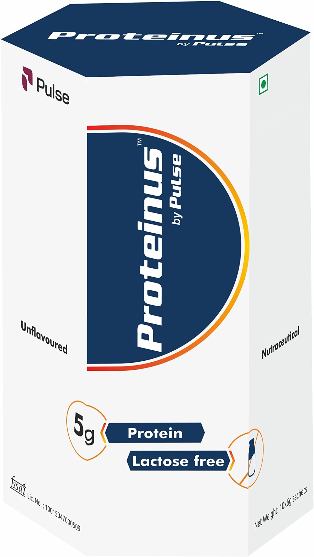 Proteinus by Pulse- 100% Whey Protein - 10 * 6g Sachets (5g protein/Sachet), Unflavoured, Sprinkler/Top up for any food item