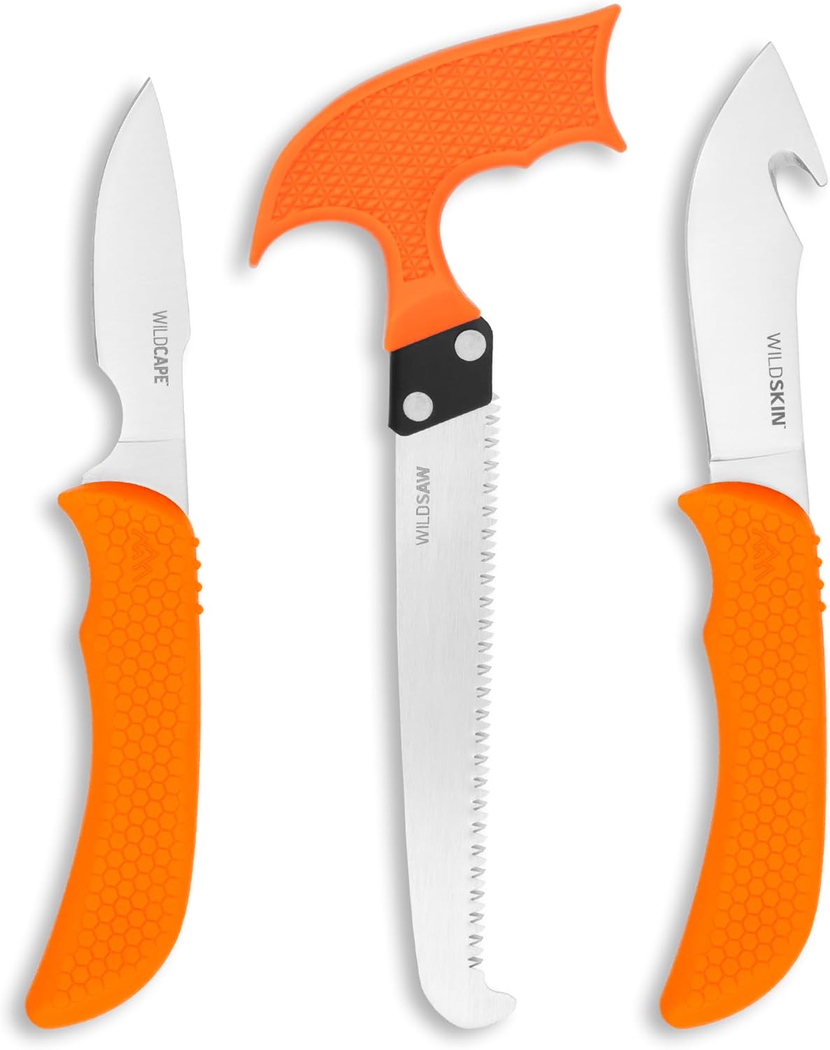 OUTDOOR EDGE WildGuide 4-Piece Hunting Knife Set & Field Dressing Kit | Featuring Razor-Sharp Caping Blade, Gut-Hook Skinning Knife, Bone Saw, in a Camo Nylon Belt Sheath | Butcher Knife Set for Deer