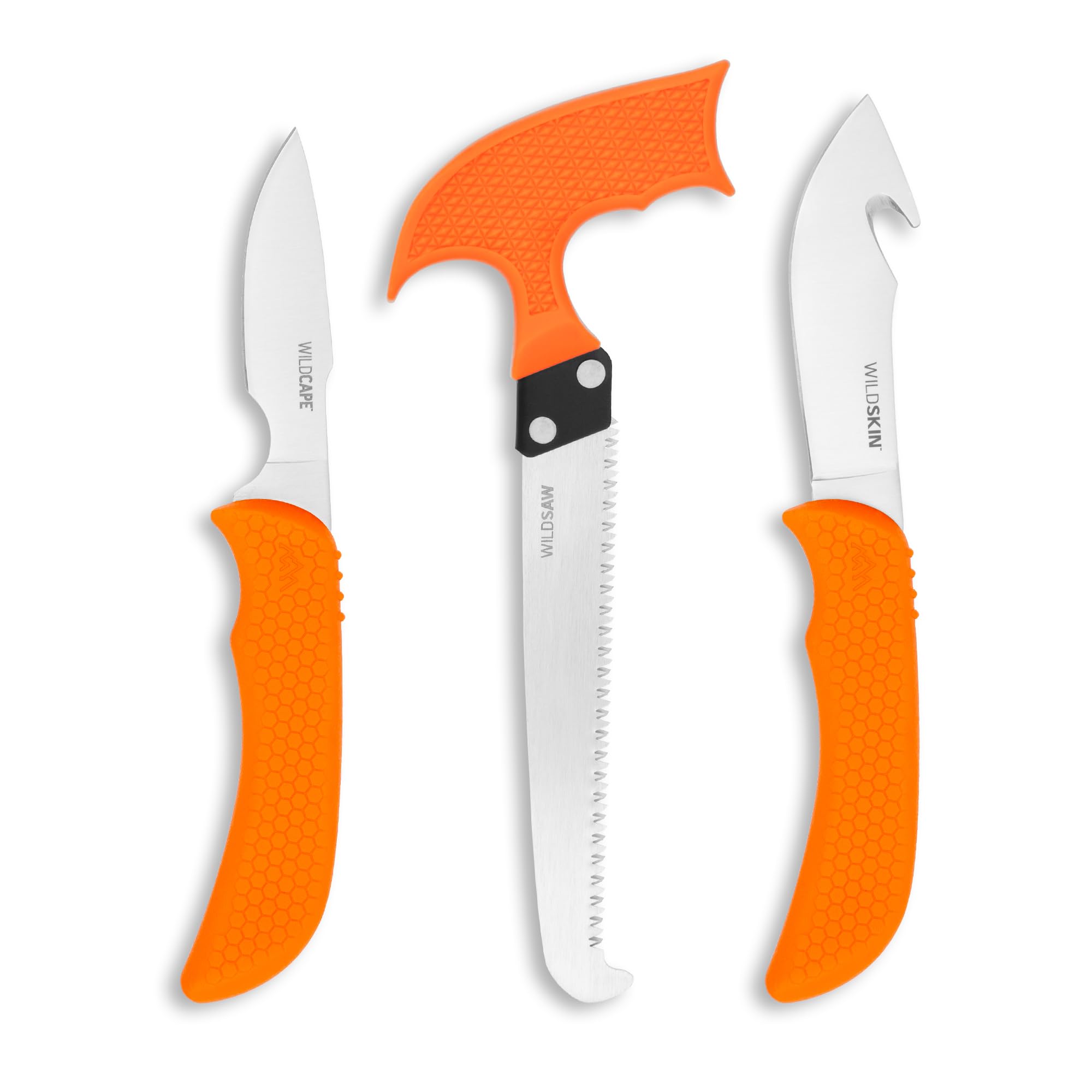 WildGuide 4-Piece Hunting Knife Set & Field Dressing Kit | Featuring Razor-Sharp Caping Blade, Gut-Hook Skinning Knife, Bone Saw, in a Camo Nylon Belt Sheath | Butcher Knife Set for Deer