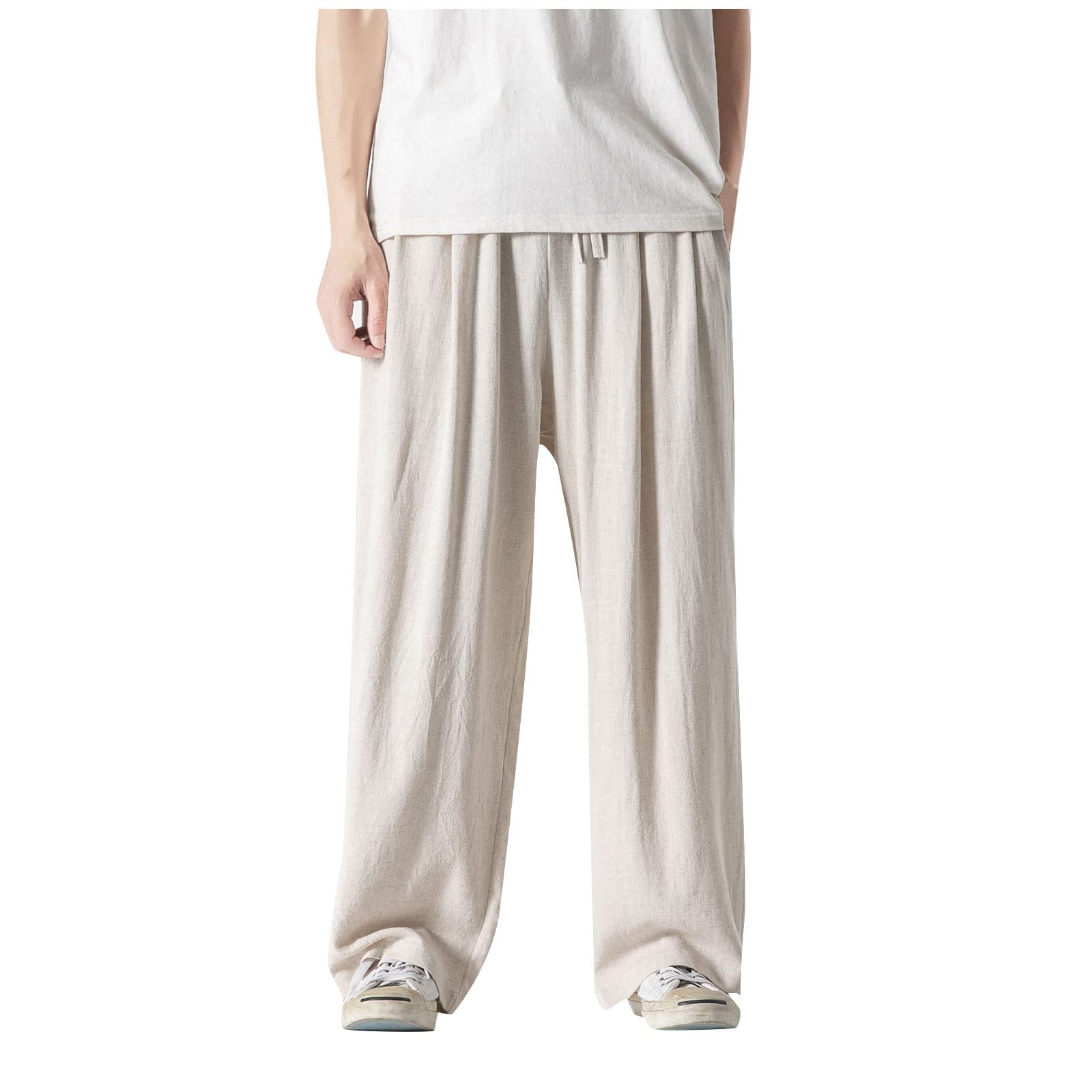 SJWCLYS Men's Cotton Linen Pant,Men's Harem Pants, Wide Leg Mens Capris, Summer Linen Pants Japanese Fashion