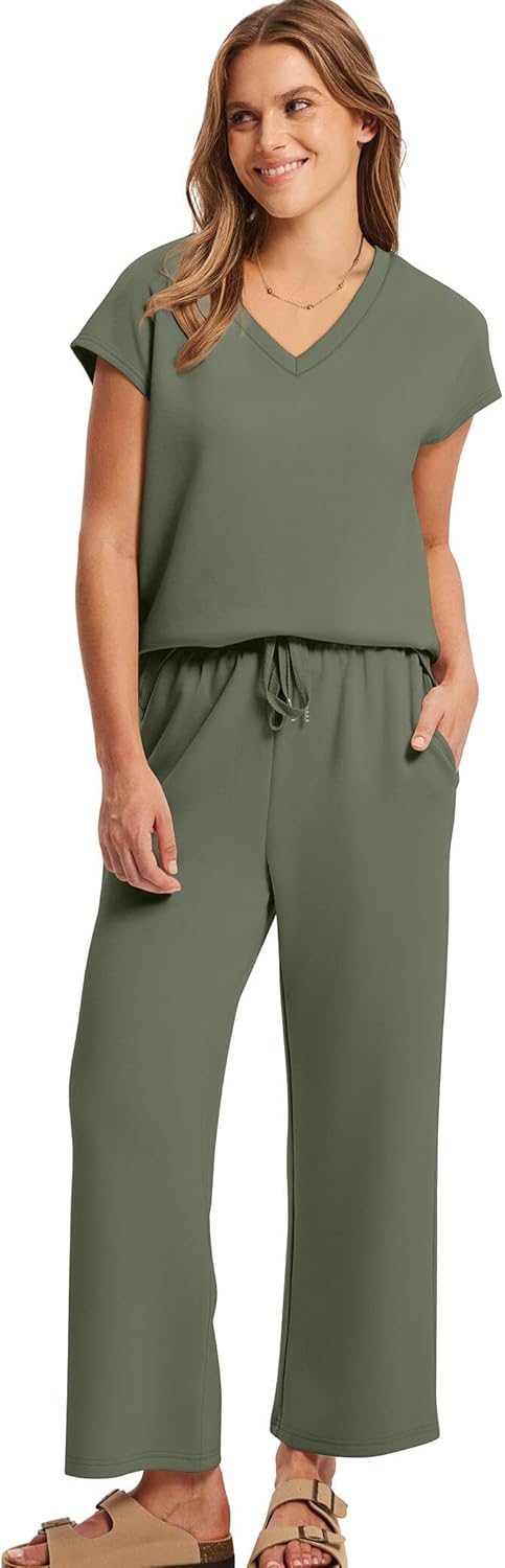 Saloogoe Two Piece Sets for Women Summer Outfits Lounge Sets V Neck Tops Wide Leg Pants Woman Vacation Travel Outfits - Image 3