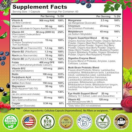 Image of Women's Daily Multivitamin 50 Plus - Vegan Methylated Multivitamin for Women 50 and Over with Biotin, Organic Superfoods & Lutein - Eye, Energy, Gut & Optimal Health Support - Easy to Swallow Capsules