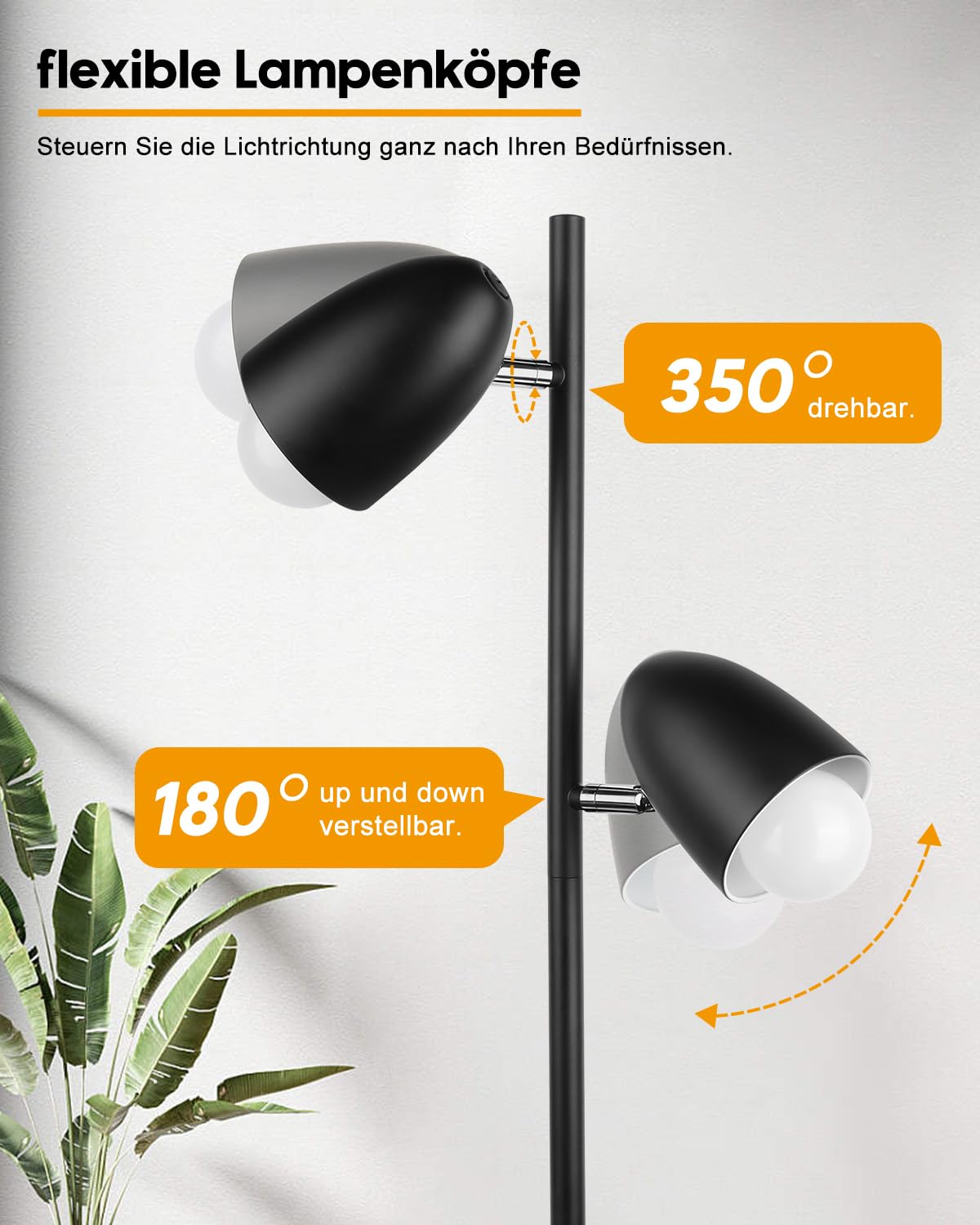 LED Stehleuchte mit 2 verstellbaren Köpfen, 170CM Wohnzimmer Stehlampe mit E27 Fassungen Max.60W, Industrial Leselampe (mit 2 Leuchtmittel) für Schlafzimmer Büro - Schwarz