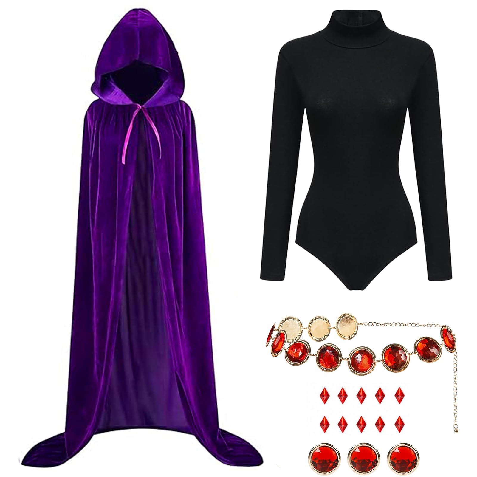 Raven Costume Women Halloween Cosplay with Purple Hooded Cape Jumpsuit Red Gem Waist Belt Anime Party Outfit X-Large