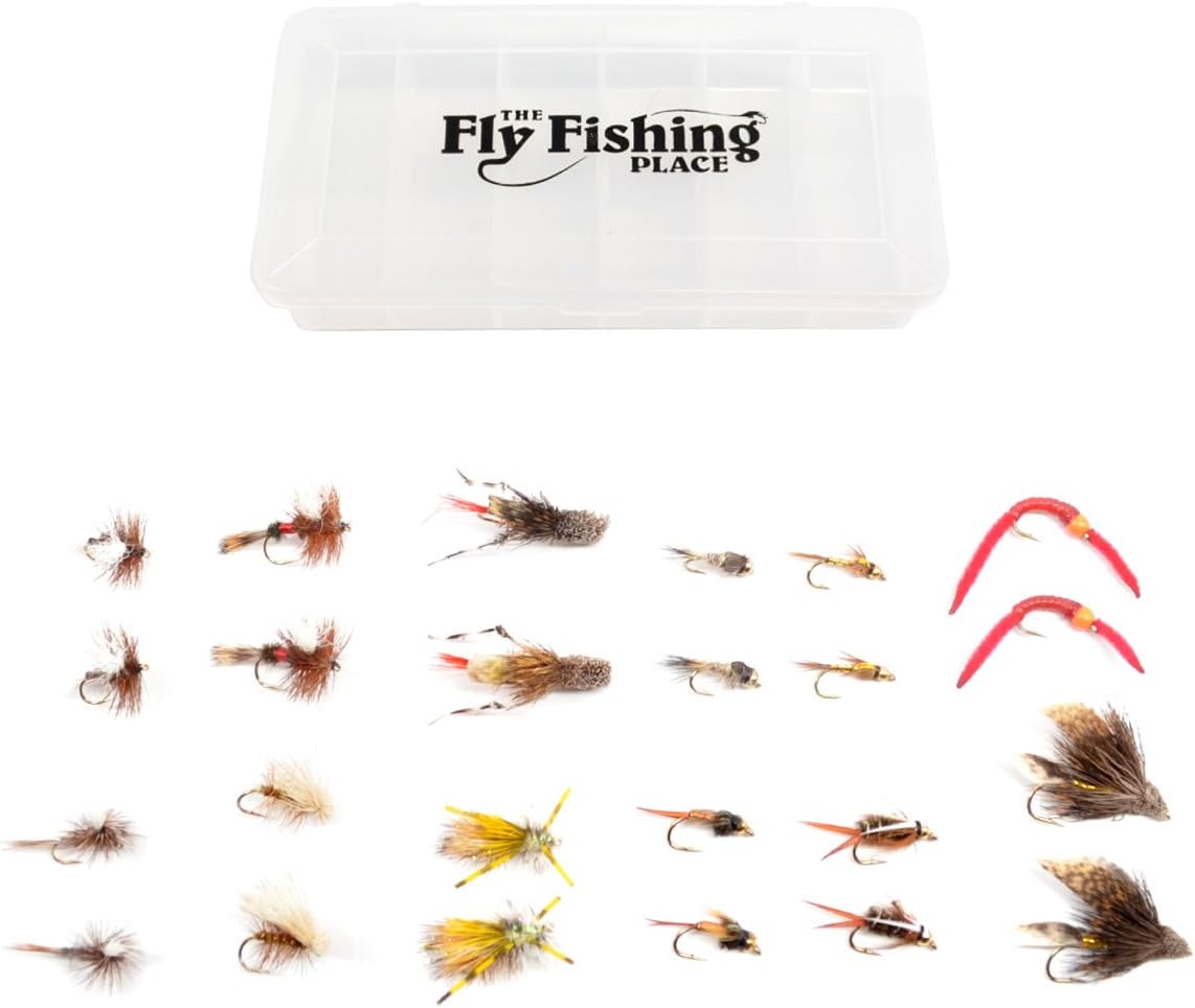The Fly Fishing Place Trout Flies Assortment - Collection of 24 Best Flies for Trout Fly Fishing with Fly Box - Essential Dry and Wet Fly Selection for All Trout Fly Fishing