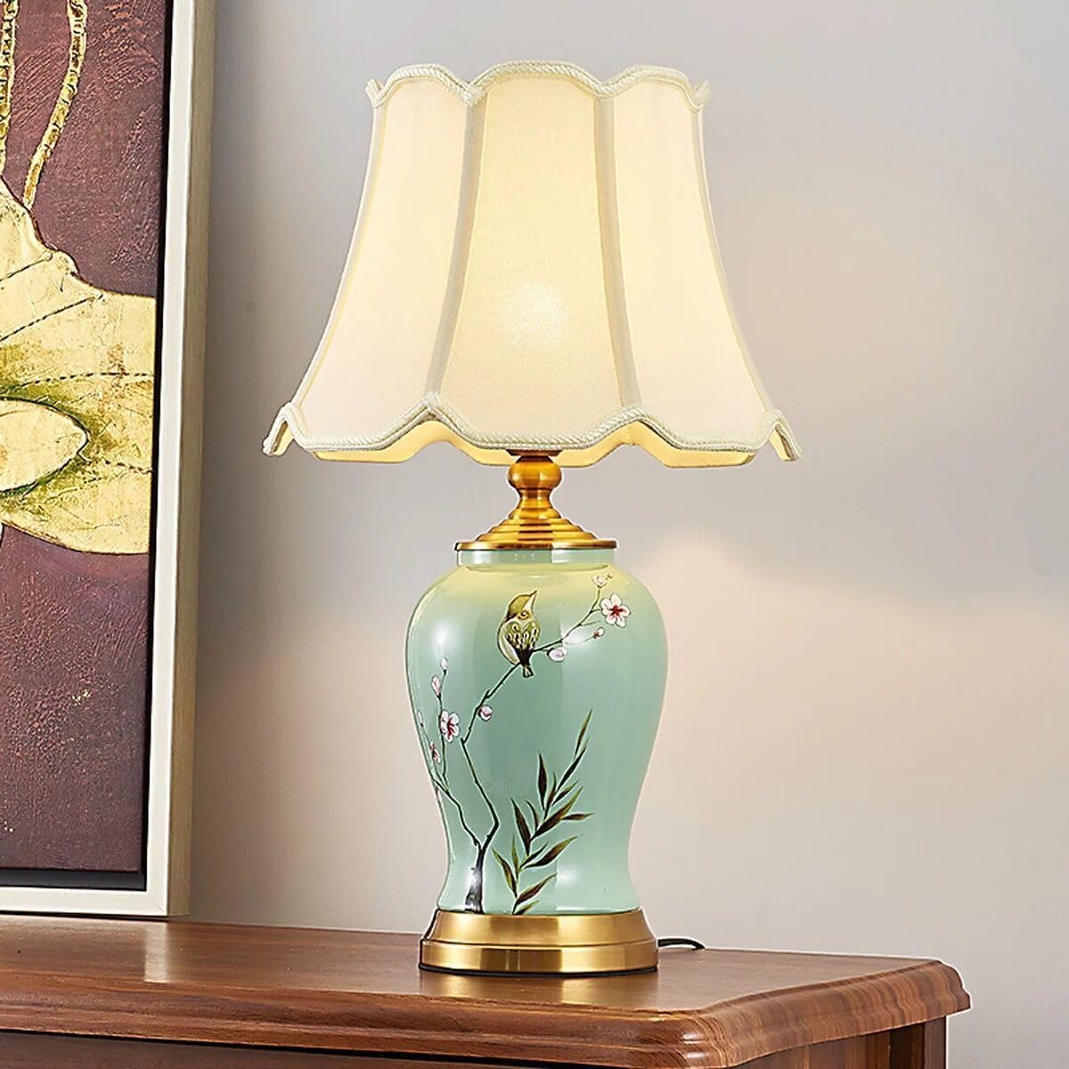 HvKvHvY Vintage Ceramic Table Lamps,E27 Handmade Bedside Lamp Nightstand Lamps, Classic Chinoiserie Green Fabric Desk Lamp for Bedroom Living Room Office(B05)