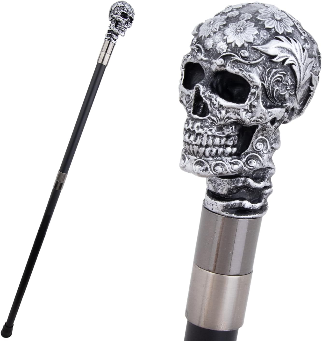 Silver Resin Rose Flower Skull Head Cane Decorative Cospaly Halloween Mace Wand Crosier Performance Stage Cane 94cm