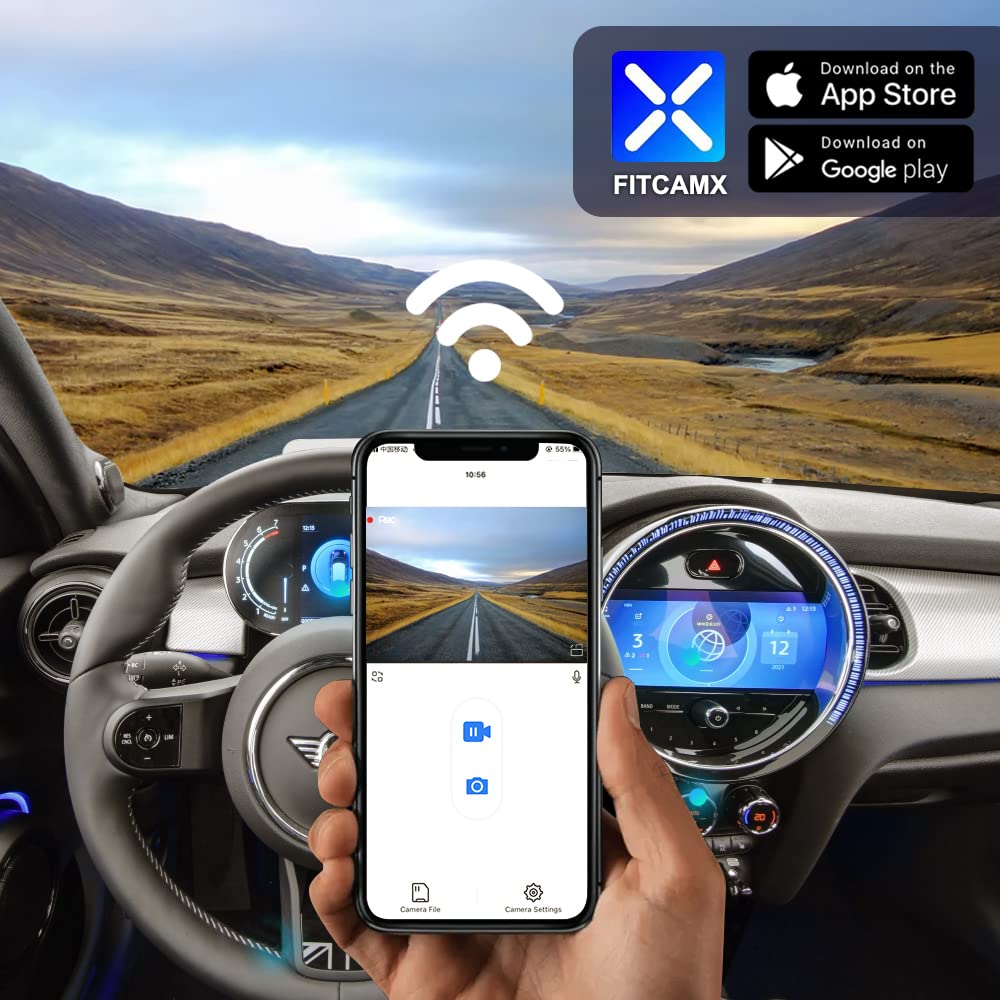 Fitcamx Dash Cam Suitable for Mini Electric Countryman Clubman Convertible Plug-in Hybrid 5-Door / 3-Door Hatch , 4K Car Camera WiFi, 2160P UHD Video, Night Vision, G-Sensor, WDR with 64GB