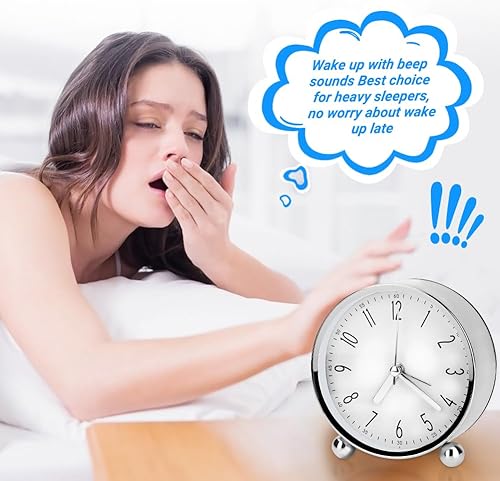 Miniatura 6 de Welltop Reloj despertador analógico, reloj redondo pequeño súper silencioso de 4 pulgadas con números arábigos sonidos de pitido, funciona con