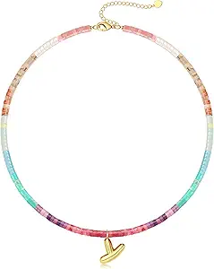 Beaded Initial Necklaces for Women Teen Girl Gifts Trendy Stuff Colorful Gemstone Choker Necklace with Bubble A-Z Stocking Stuffers for Teens Christmas Gifts for Her Birthday Summer Beach Jewelry for Daughter Sister Friend