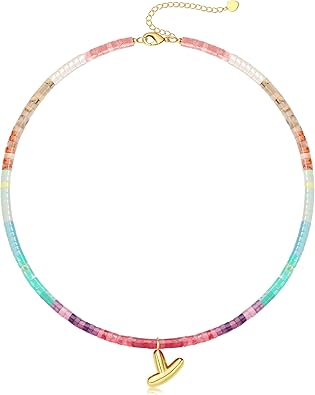 Beaded Initial Necklaces for Women Teen Girl Gifts Trendy Stuff Colorful Gemstone Choker Necklace with Bubble A-Z Stocking Stuffers for Teens Christmas Gifts for Her Birthday Summer Beach Jewelry for Daughter Sister Friend