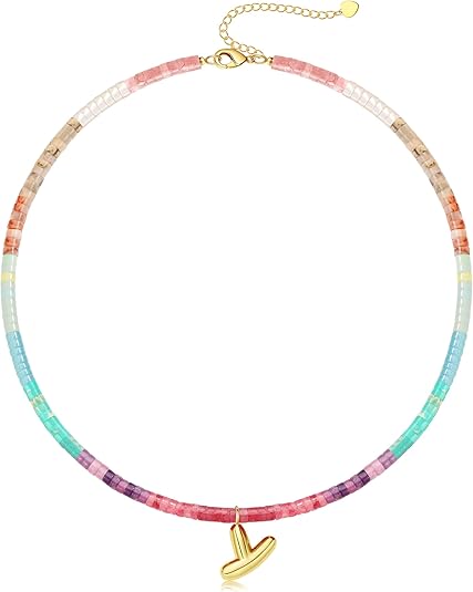 Beaded Initial Necklaces for Women Teen Girl Gifts Trendy Stuff Colorful Gemstone Choker Necklace with Bubble A-Z Stocking Stuffers for Teens Christmas Gifts for Her Birthday Summer Beach Jewelry for Daughter Sister Friend