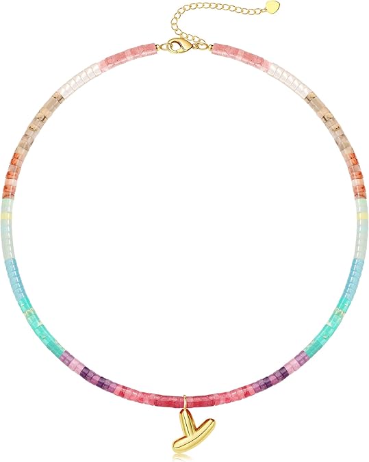 Beaded Initial Necklaces for Women Teen Girl Gifts Trendy Stuff Colorful Gemstone Choker Necklace with Bubble A-Z Stocking Stuffers for Teens Christmas Gifts for Her Birthday Summer Beach Jewelry for Daughter Sister Friend