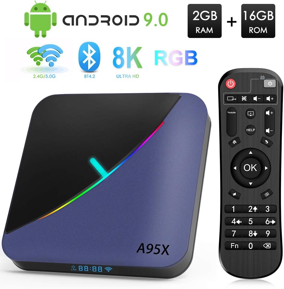 RGB LIGHT TV BOX, A95X F3 Android 9.0 TV BOX Amlogic S905X3 Quad-Core Cortex-A55 CPU Mail G31 GPU 2GB RAM 16GB ROM 2.4GHz&5GHz Dual Band WiFi support 8K 4K XDR Bluetooth 4.2 USB 3.0 HDMI 2.1