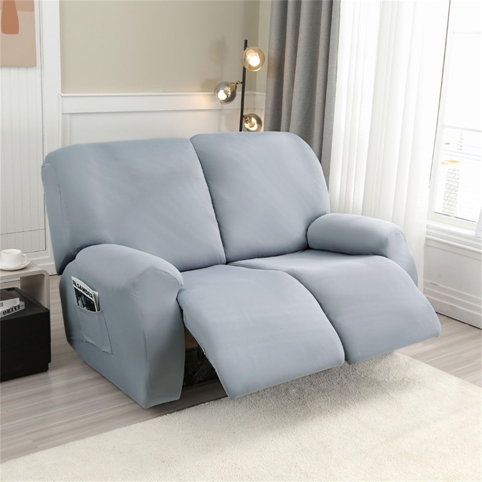 Funda de sillón de 2 plazas relax reclinable, color liso, funda de sillón relax extensible 6 piezas, fundas de sillón, funda de sofá relajante, lavable (gris claro)