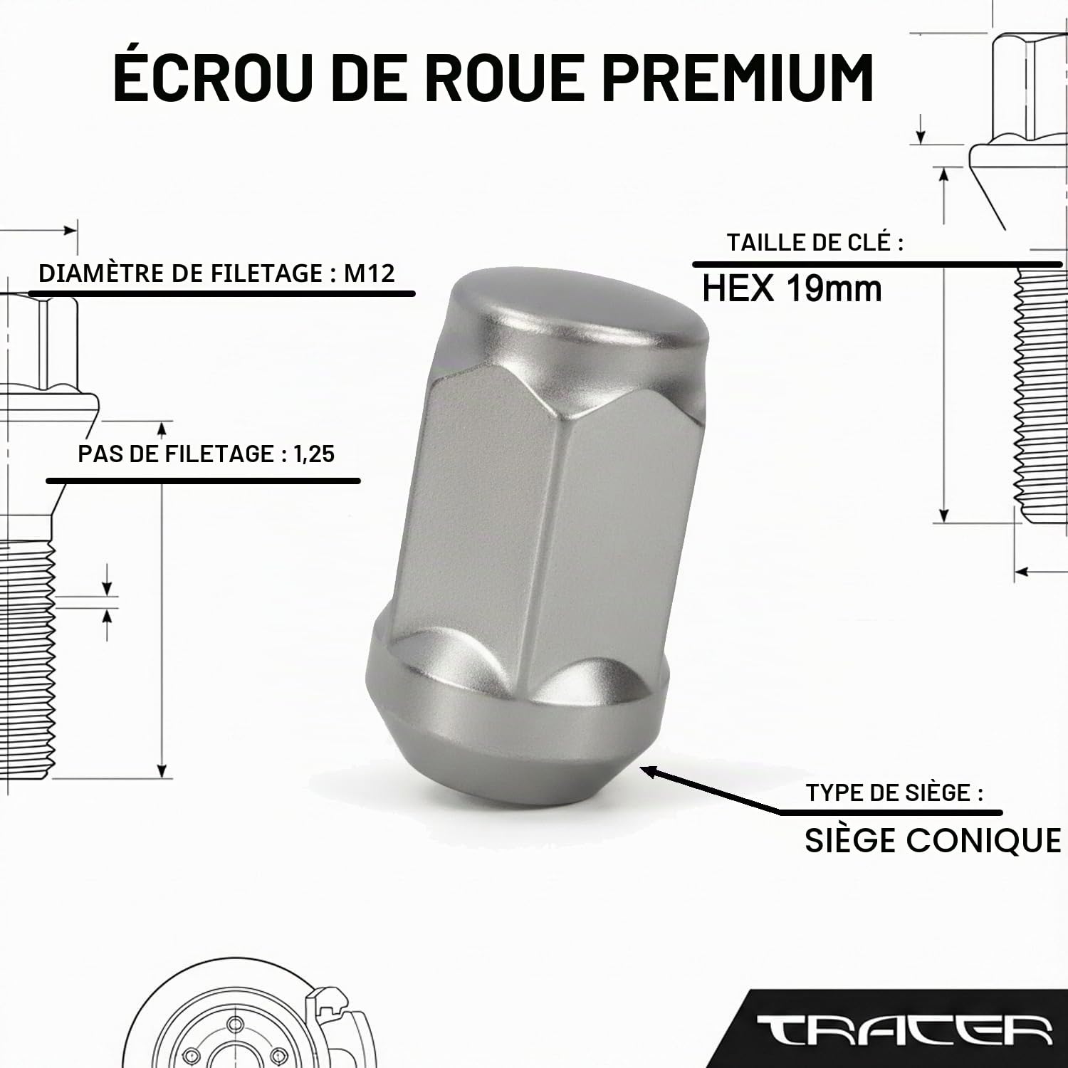 Lot de 20 écrous de roue coniques fermés M12 x 1,25 HEX19 compatibles avec Suzuki, Lada