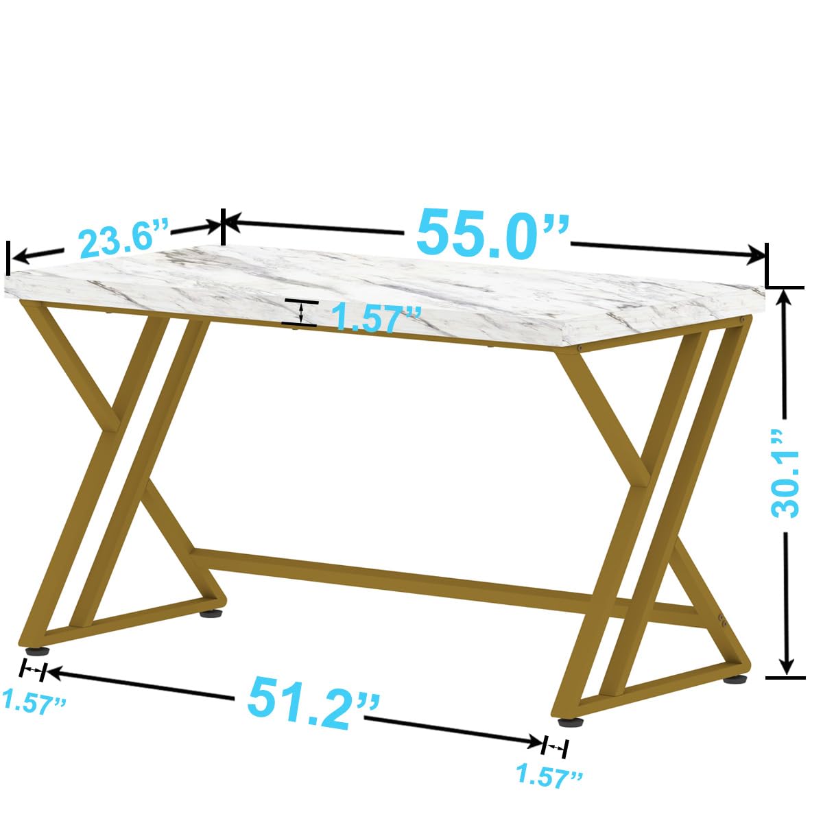 LVB White and Gold Desk, Wood Faux Marble Home Office Computer Desk, Modern Study Executive Table for Gaming Writing, Metal Simple Student Desk with Storage for Bedroom, White Marble and Gold, 55 Inch
