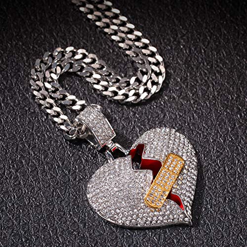 Putouzip Men's Broken Heart Chain Pendant,18K Gold Plated Fully Iced Out Rhinestone Twist Rap Chain Necklace For Women (Silver Heart & Gold Band-Aid) #TOP4