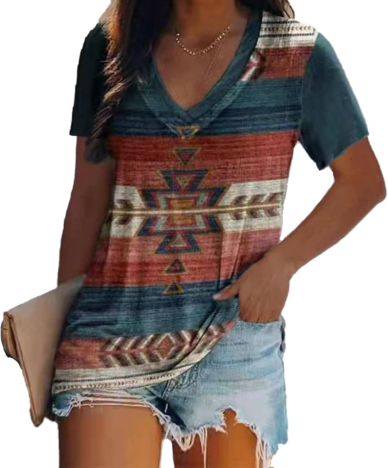 Short Sleeve Shirts for Women Summer Casual Western Shirts V Neck Ethnic Geometric Aztec Print Tops Blouse Pullover