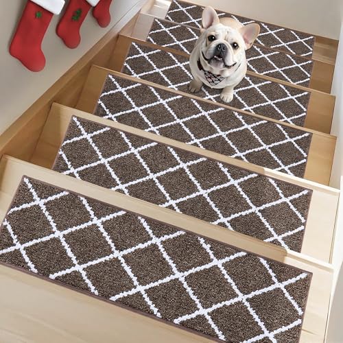 Non-Slip Stair Treads for Wooden Steps Indoor, 15 Pack 9" X 28" Edging Stair Carpet Mat with TPE Backing, 0.4" Thick Stair Runners for Kids Elders & Pets, 100% Polyester Stair Rugs, Brown&Wh