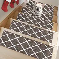 Non-Slip Stair Treads for Wooden Steps Indoor, 15 Pack 9" X 28" Edging Stair Carpet Mat with TPE Backing, 0.4" Thick Stair Runners for Kids Elders & Pets, 100% Polyester Stair Rugs, Brown&White
