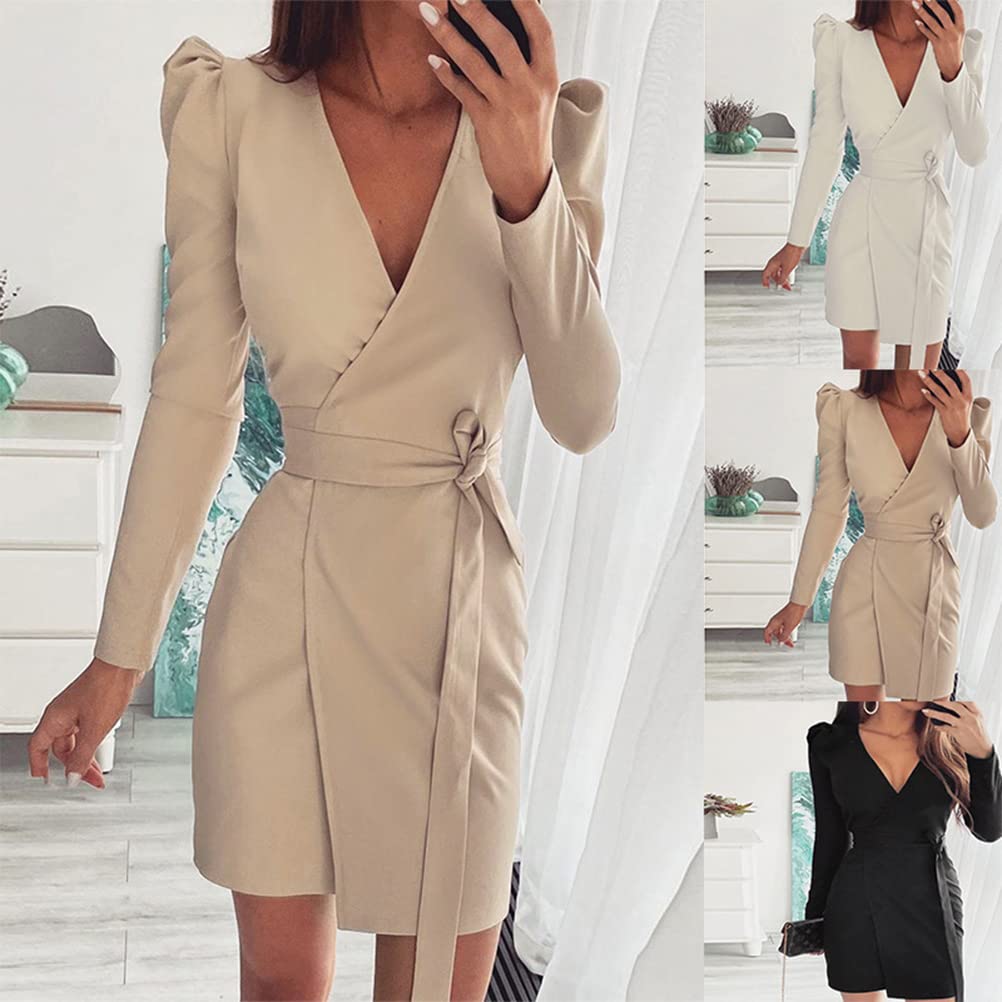 Onsoyours Damen Blazer Kleid Langarm V-Ausschnitt Hemdkleid Elegant Business Lange mit Gürtel Anzug Spleißen Bodycon Minikleider