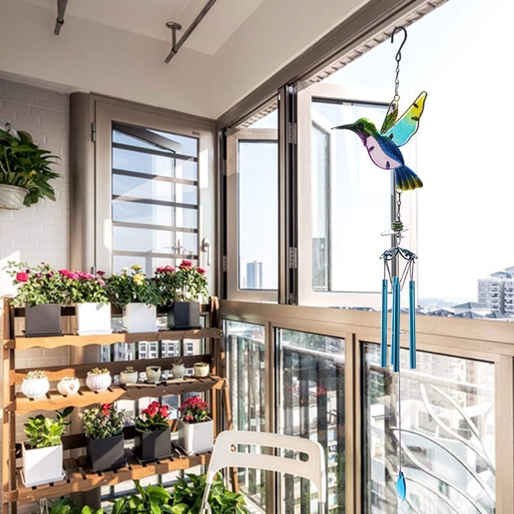 Glass Hummingbird Wind Chimes, Outdoor Stained Metal & Glass Hummingbird Chime with Bell/Tubes Hanging Ornament for Home, Party, Festival Decor, Garden, Yard Decoration