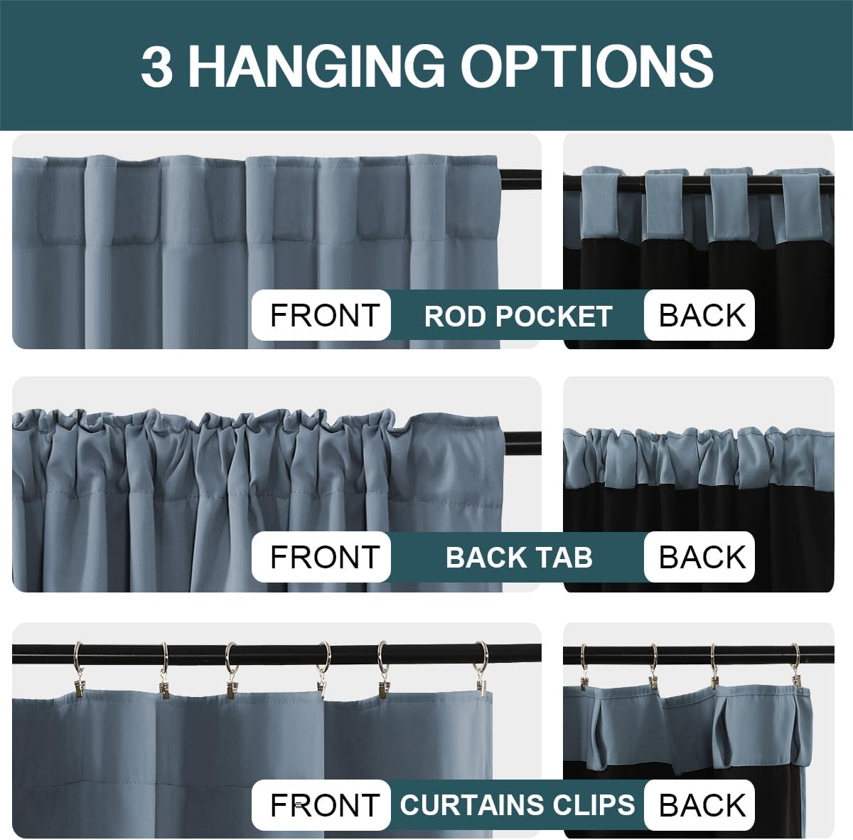 FantasDecor100% Blackout Bedroom Curtains Drape 2 Panels Set 52x96 Inch Thermal Insulated Window Blackout Drapes for Winter Season with Darkening Liner Rod Pocket & Back Tab,Stone Blue