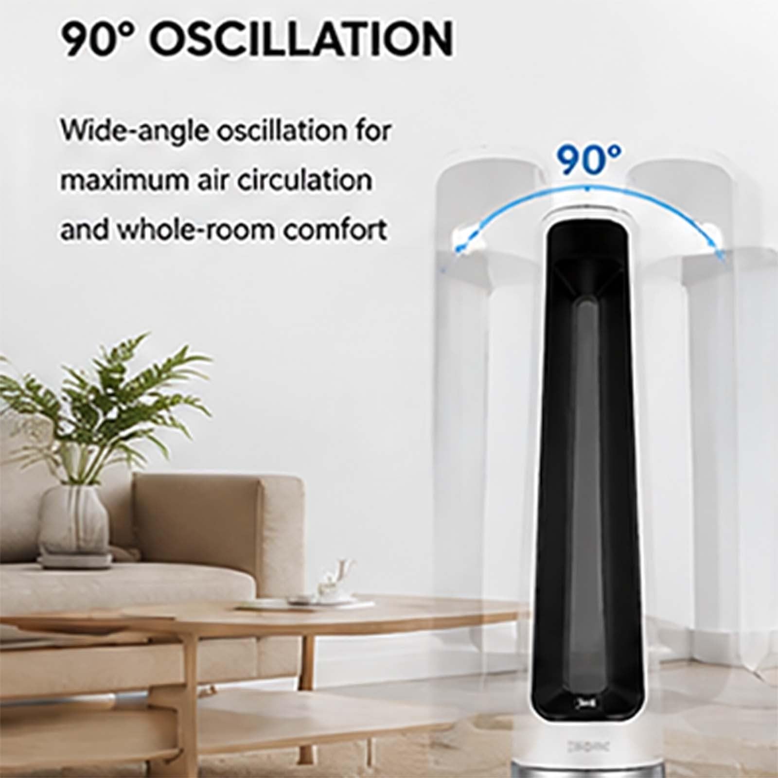 Ventilador de Torre sin aspas, silencioso, con 32 velocidades, oscilante de 90°, con Pantalla LED y Motor de CC, Ideal para Sala de Estar y Dormitorio. White