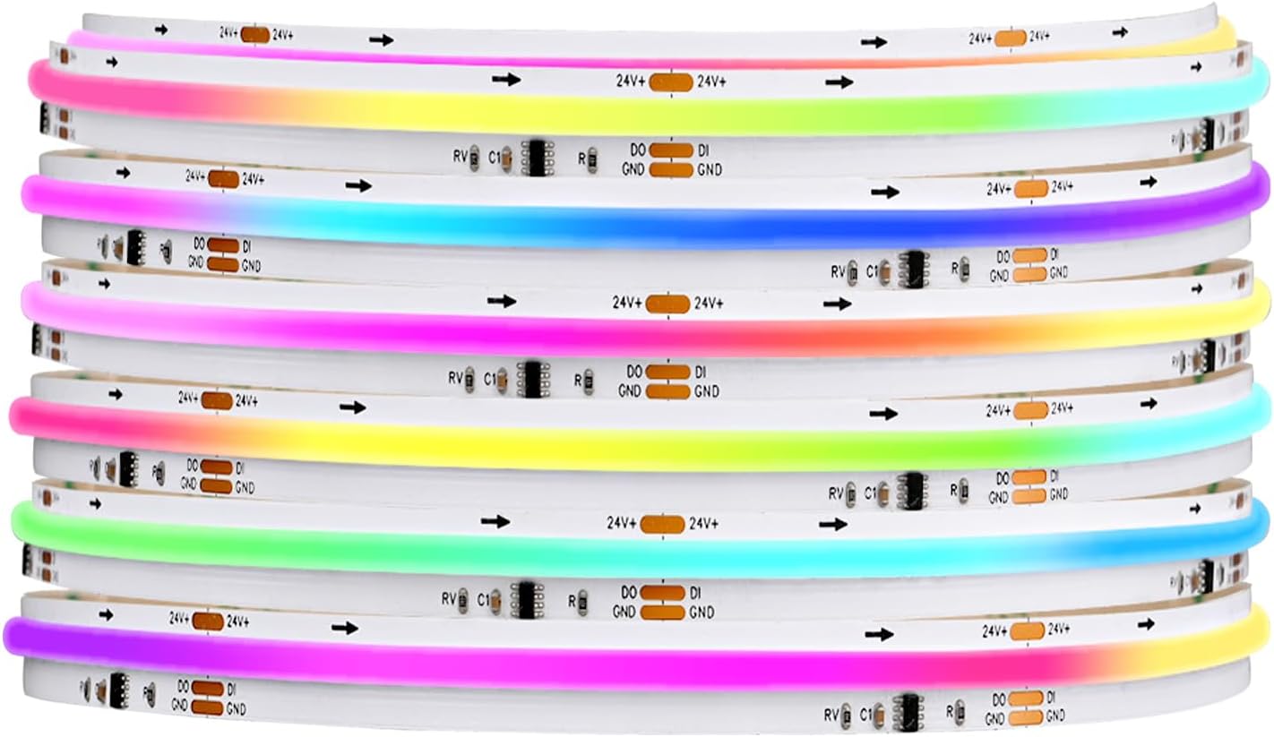 SPI COB RGB IC LED Strip Light FOB WS2811 High Density Uniform Light UL-Listed Dream Color Strip Light DC24V 16.4FT 2100LEDs White PCB Chasing Color Strip Dimmable LED Tape for Bedroom Party Indoor