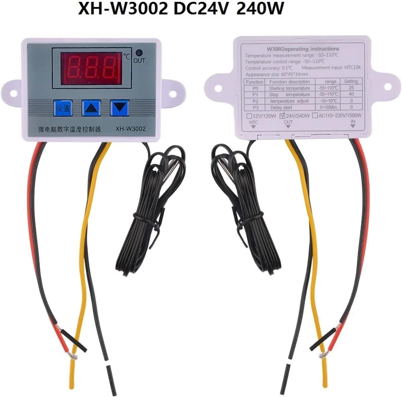 1pc XH-W3002 Temperature Controller AC110V-220V DC12V/24V LED Digital Control Thermostat Microcomputer Switch Thermoregulator Sensor(XH-W3002 DC 24V)