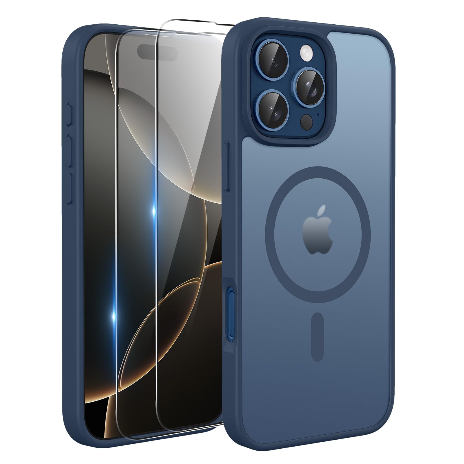 TQIAHF Cover Custodia Magnetica per iPhone 16 Pro, Blu | 2 Pellicola Vetro Temperato Protezione Schermo Compatibile con Magsafe Militare Antiurto Sottile Opaca Telefono Case