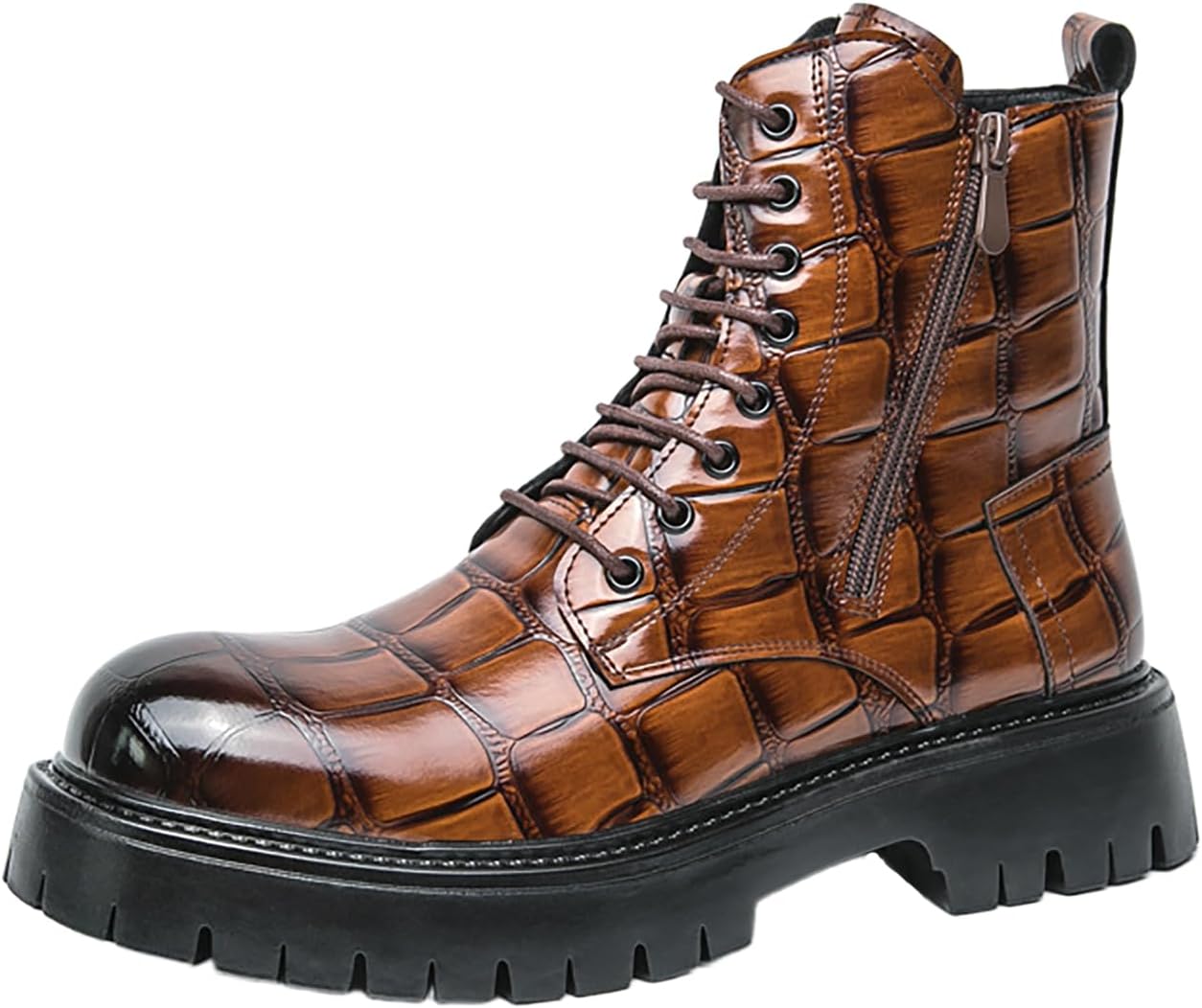Men'S Crocodile-Patterned Leather Lace-Up Platform Combat Boots With Side Zipper Comfortable Round Toe Non-Slip Rubber Sole High-Top Motorcycle Boots Stylish Work Business Party Dress Ankle Boots