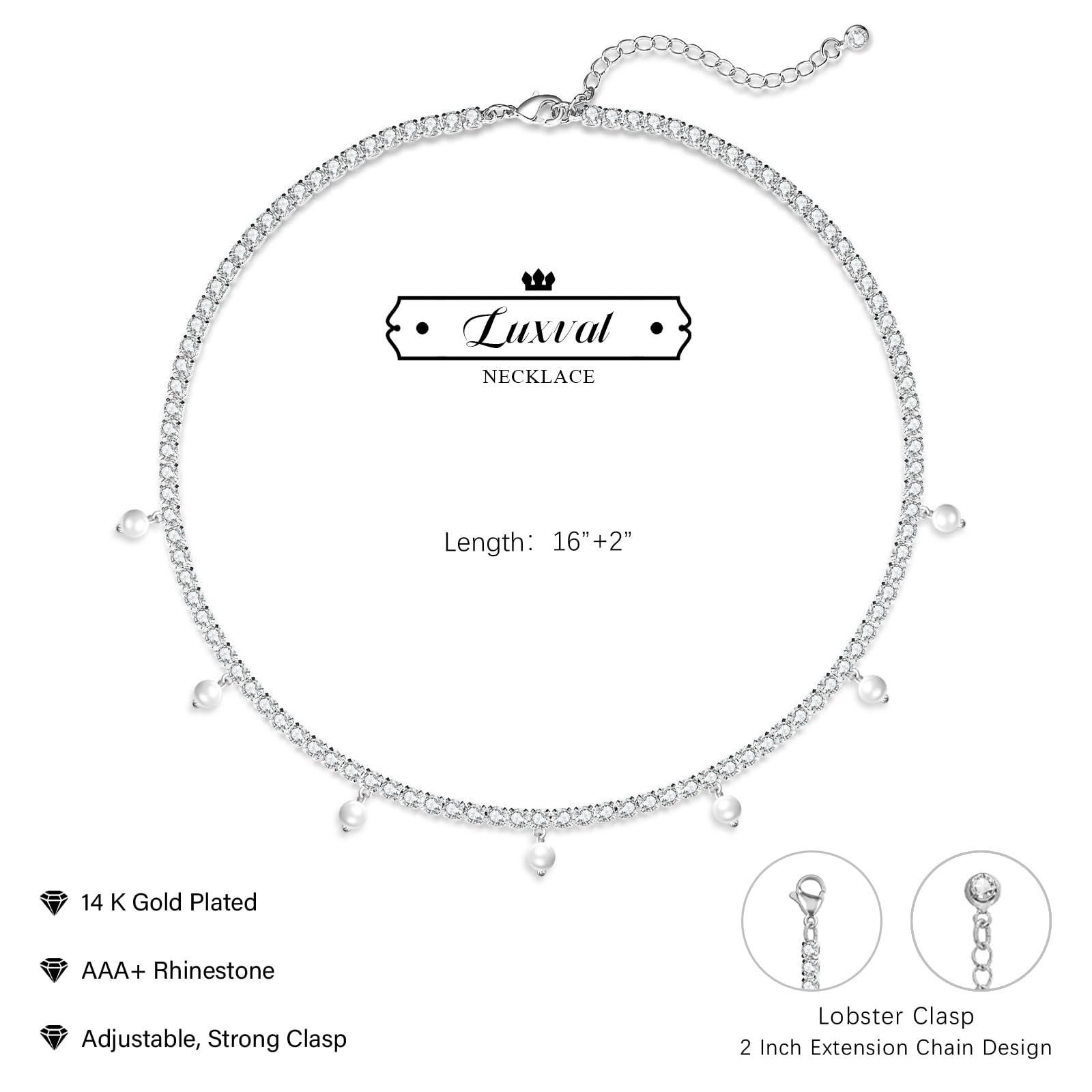 Luxval Tennis Necklace 14K Gold Plated Rhinestone Butterfly Choker Necklaces for women Dainty Zirconia Cut Faux Diamond chain 3mm: Silver-Pearl dangle tennis