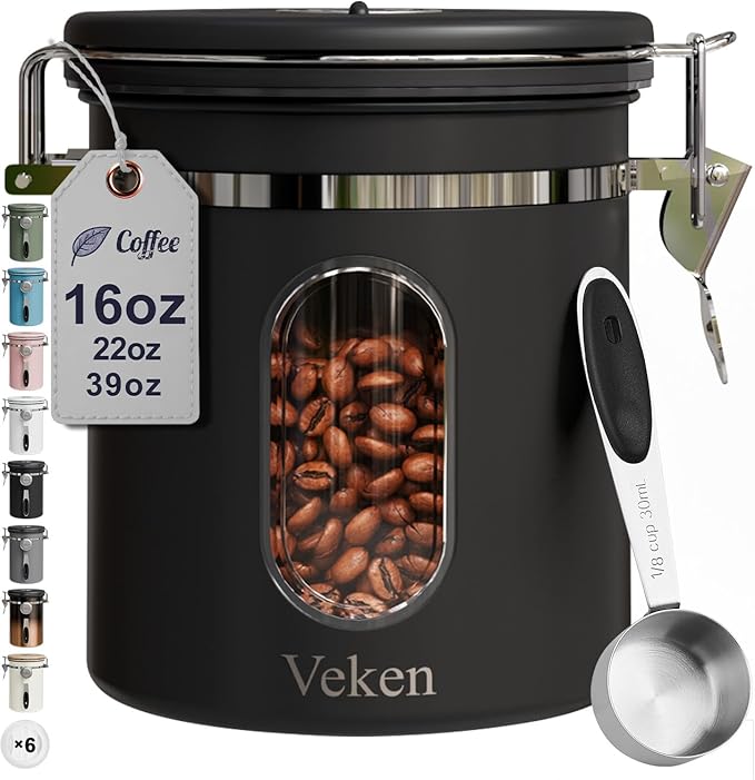 Veken Coffee Canister with Window, Airtight Stainless Steel Kitchen Food Storage Container with Lids, Date Tracker and Scoop for Grounds Coffee, Beans, Tea, Flour, Cereal, Sugar Jars, 16OZ, Black