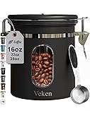 Veken Coffee Canister with Window, Airtight Stainless Steel Kitchen Food Storage Container with Lids, Date Tracker and Scoop for Grounds Coffee, Beans, Tea, Flour, Cereal, Sugar Jars, 16OZ, Black Black 16 oz