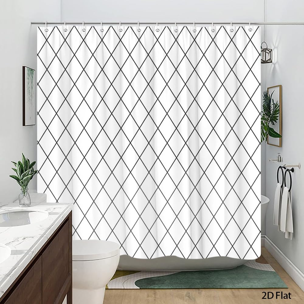 Cortina de Ducha Moderna con Estampado de Rombos en Blanco y Negro,Extra Larga,Lavable a máquina,de poliéster con Ganchos,Elegante diseño geométrico para decoración de baño,175 x 220 cm.