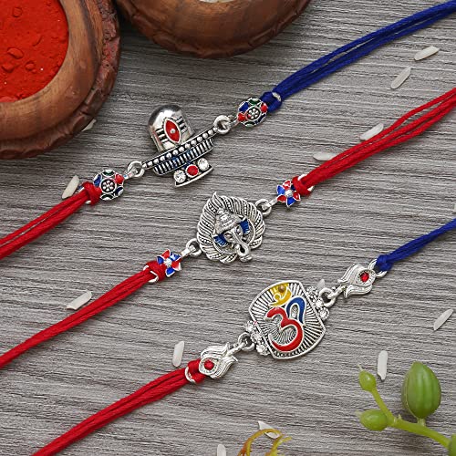 Image of eCraftIndia Set of 3 Multicolor Semi Precious Designer Rakhis for Brother Bhaiya Bhai | Roli Chawal Pack