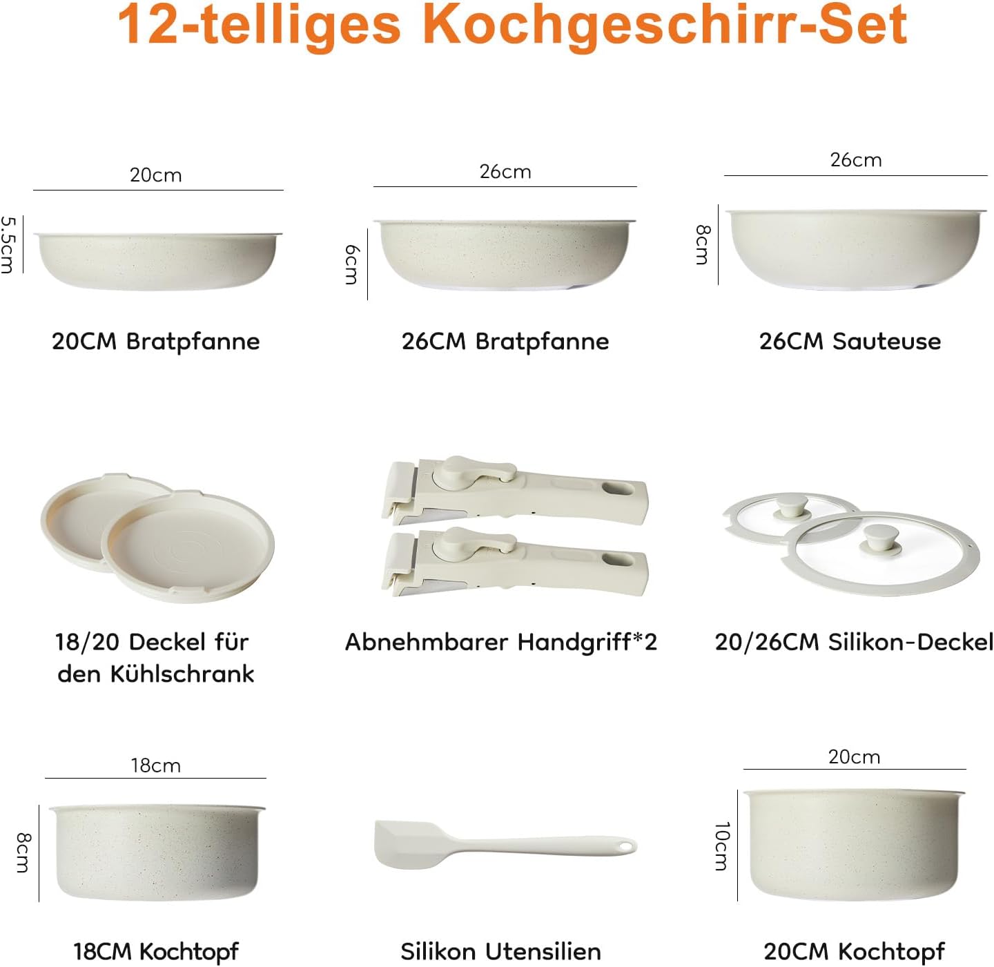 DUMOS 12 Pcs Pots and Pans Set, Nonstick Kitchen Cookware Set, Induction Cooking Sets Detachable Handle, Beige