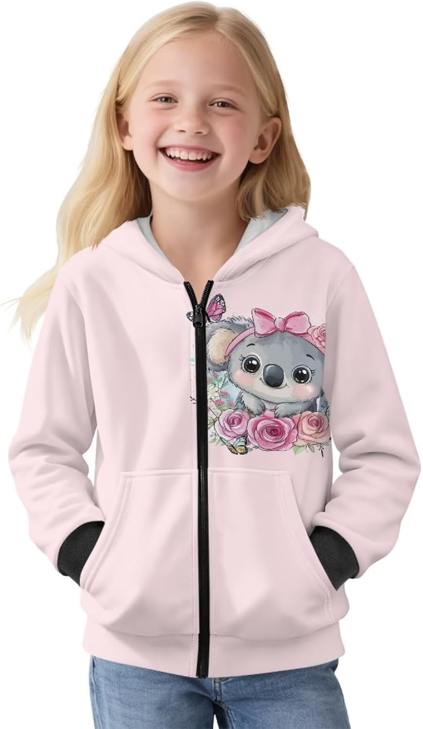 Gomyblomy Girls Zip Up Hooded Sweatshirts Kids Teens Cute Fleece Hoodies Fall Winter Jackets with Pockets 6-16 Years