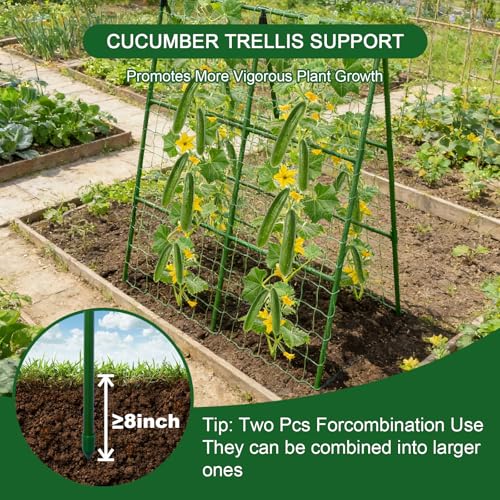 2-Pack A-Frame Cucumber Trellis for Raised Bed - 33"x47" Foldable Garden Trellis with Net & Clips|Space-Saving Metal Plant Support for Cucumber, Tomato, Peas|Rust-Proof Outdoor Climbing Plants Trellis by Eunice - Image 4