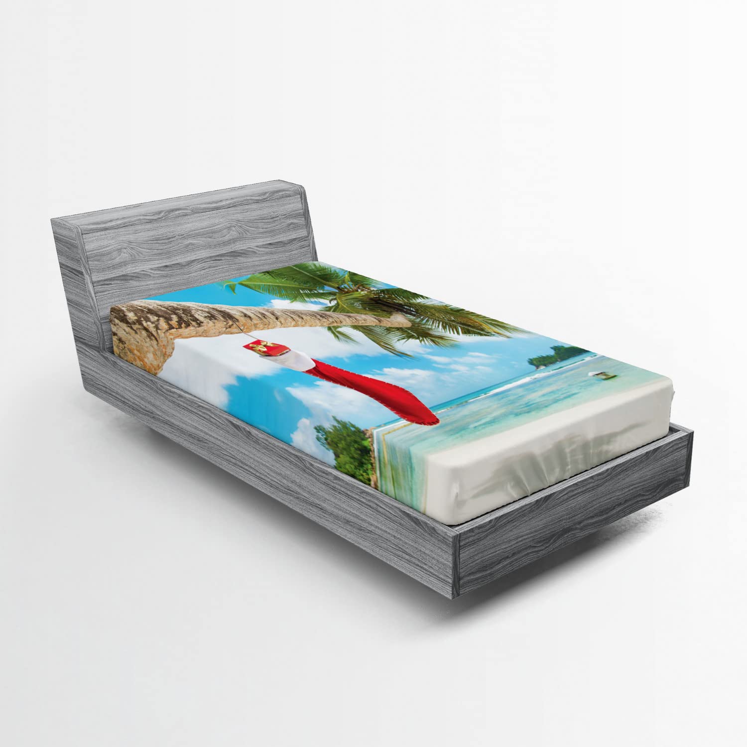 Ambesonne Christmas 2 Pack Fitted Sheet, Beach Xmas Stockings, Bed Cover All-Round Elastic Deep Pockets 2 Pieces, Package Contains 2 Twin Size Fitted Sheets, Red Blue